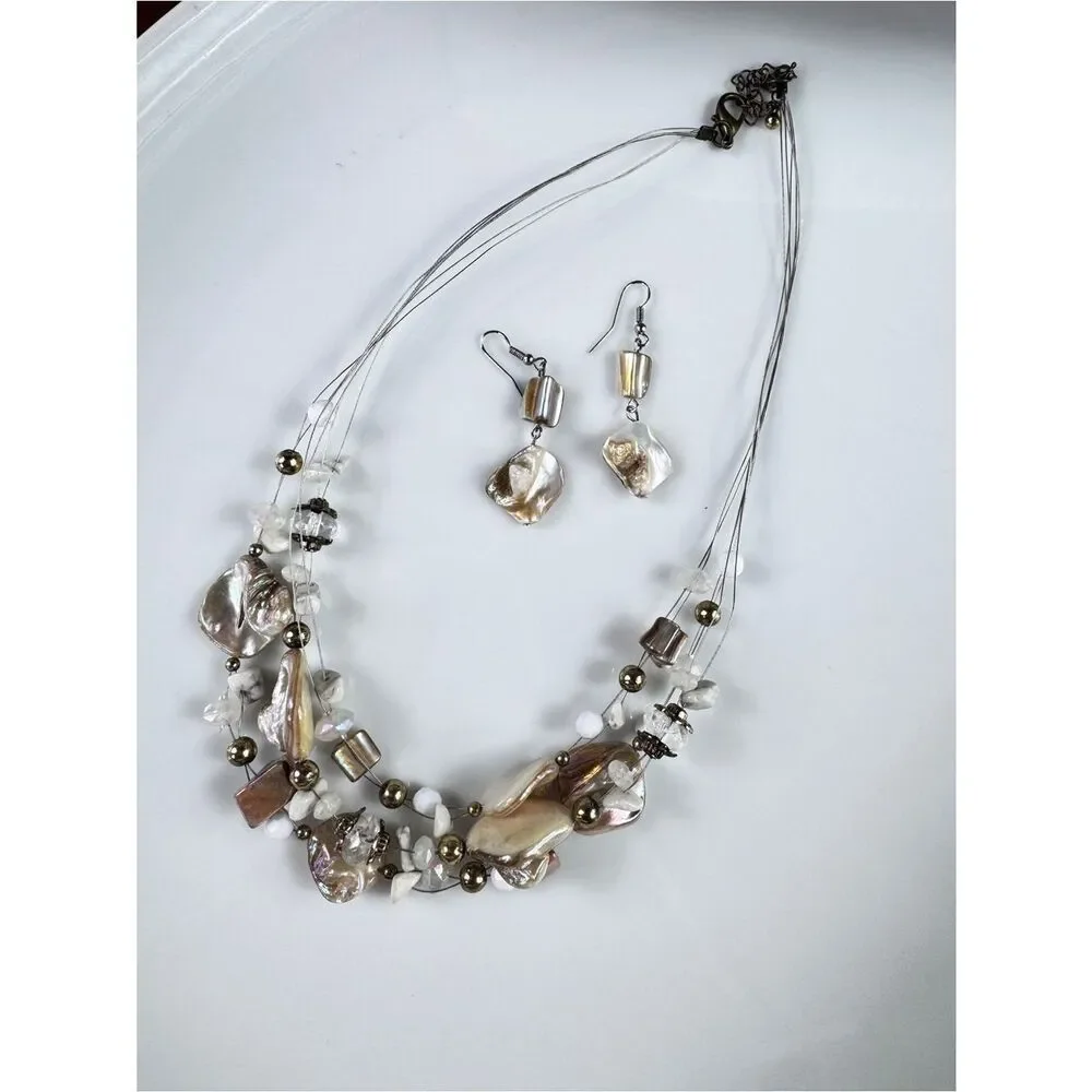 Vintage Mother Of Pearl Shell Multi-Strand Necklace with Earrings